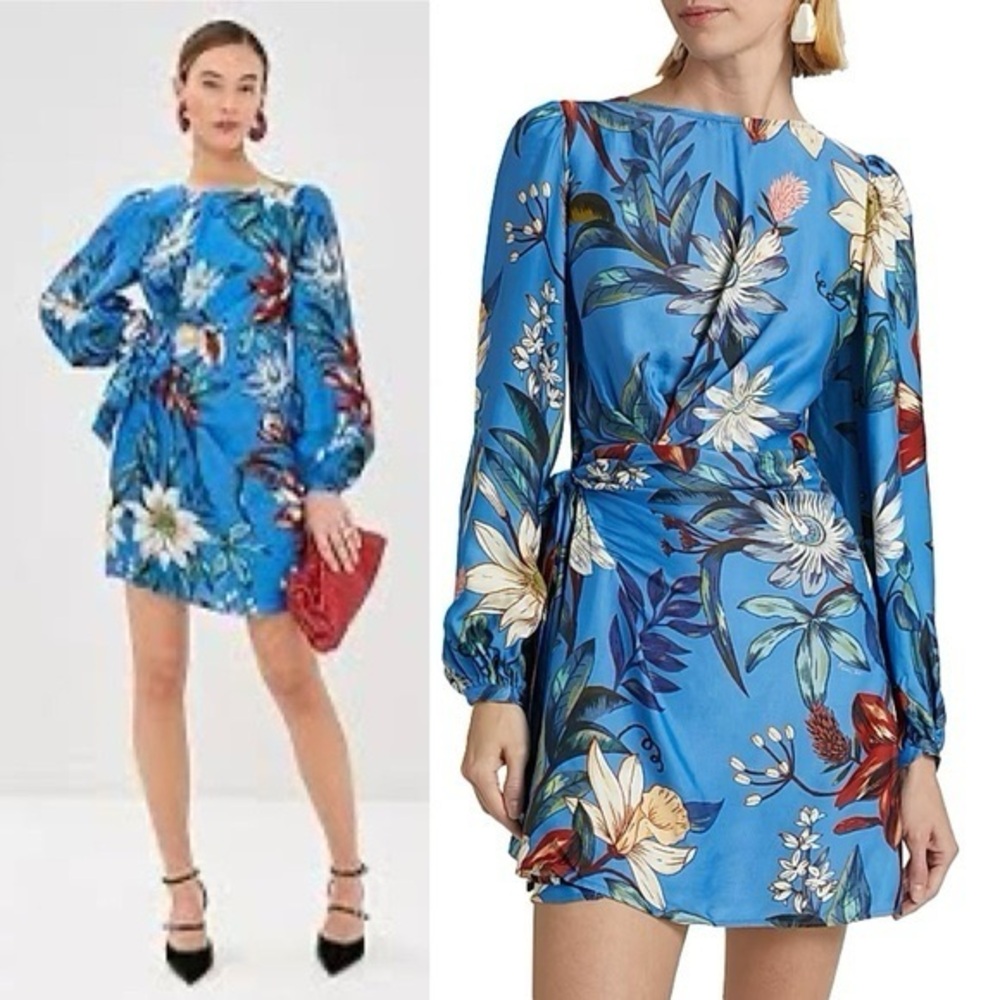 NWT FarmRio Surreal Blue Floral Long-Sleeve Mini Dress XS to Pitete medium